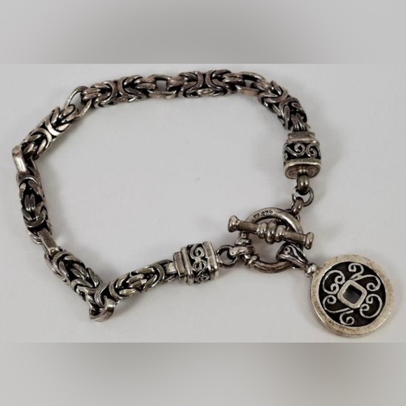 925 Sterling Silver Square Byzantine Link Bracelet w/charm 8” - Picture 1 of 6